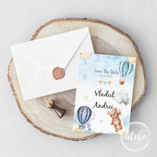 Invitatie botez - ursulet si baloane cu aer cald - 1