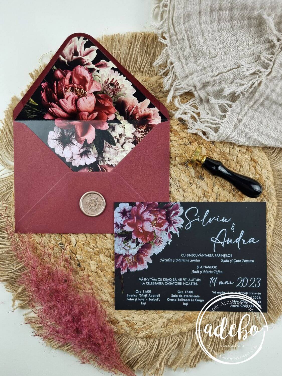 Invitatie de nunta Florala burgundy