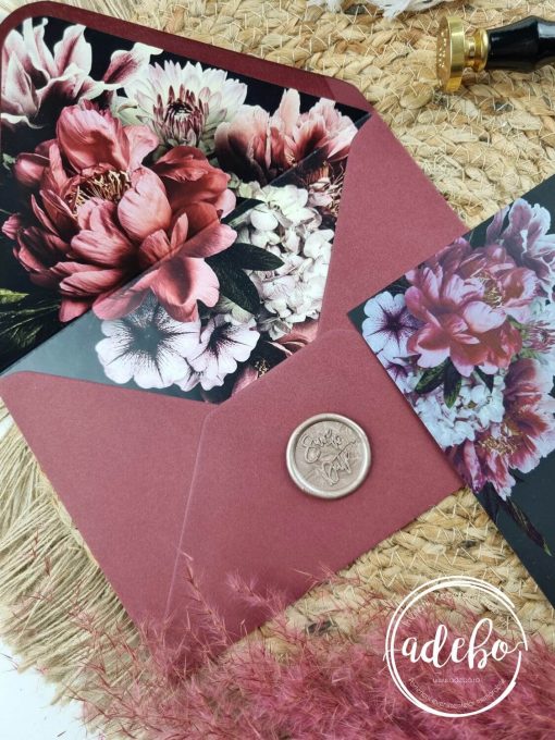 Invitatie de nunta Florala burgundy cu sigiliu