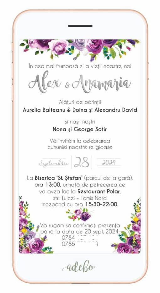 Invitatie nunta digitala cu flori mov