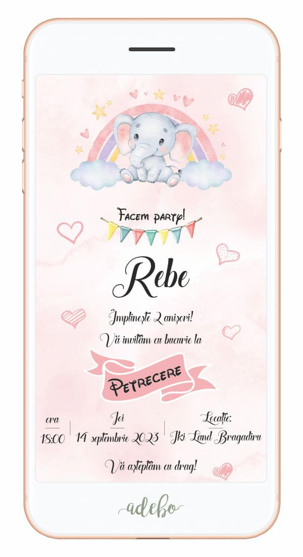 Invitatie digitala - Elefantel si curcubeu