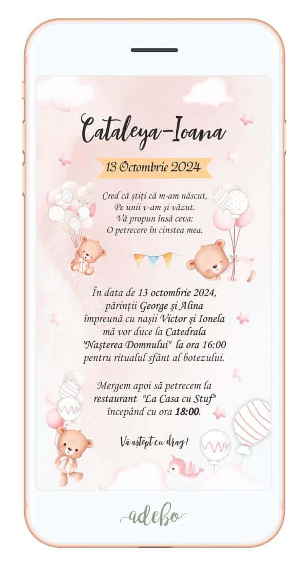 Invitatie digitala - Ursulet si baloane albe