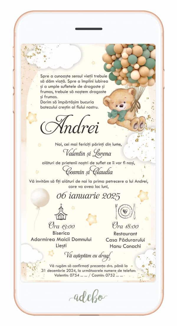 Invitatie electronica - Ursulet si baloane crem si verzi